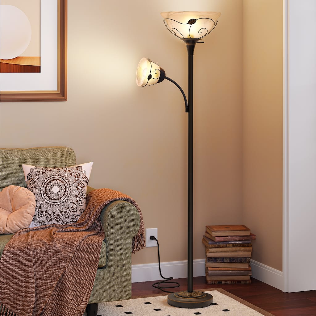 Moasis 71" Traditional Torchiere Floor Lamp with Adjustable Reading Light, Alabaster glass shades - 71"H