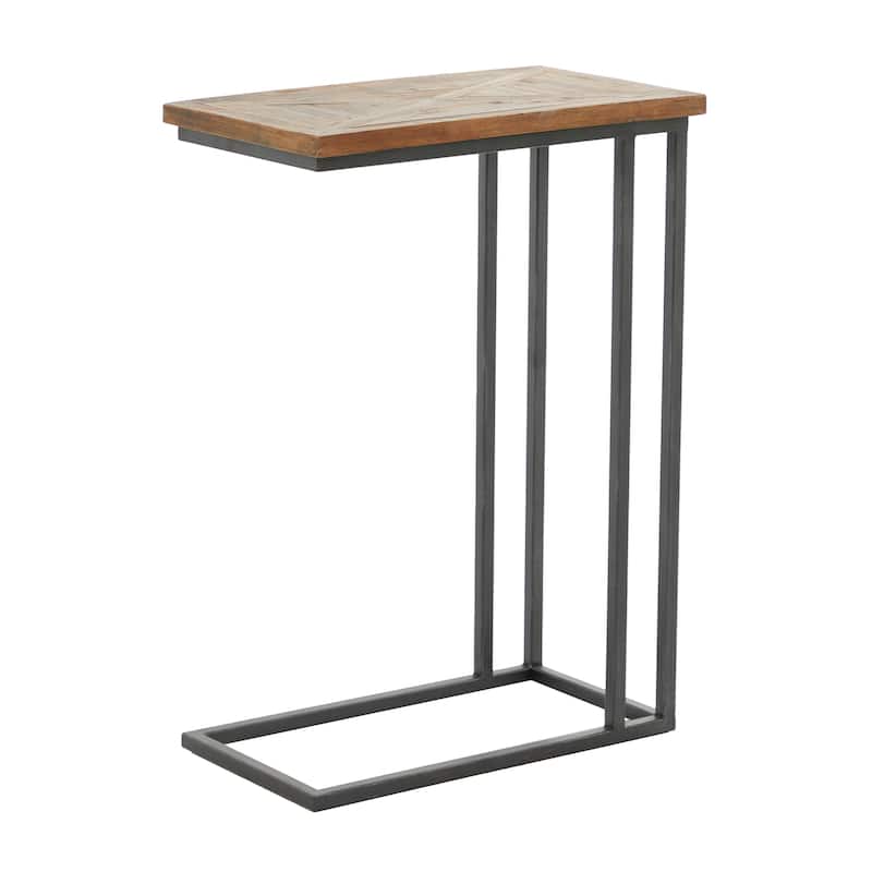 Metal C-Shaped Accent Table with Brown Wood Top - Black - Roche River Decor - 11"W x 19"L x 26"H