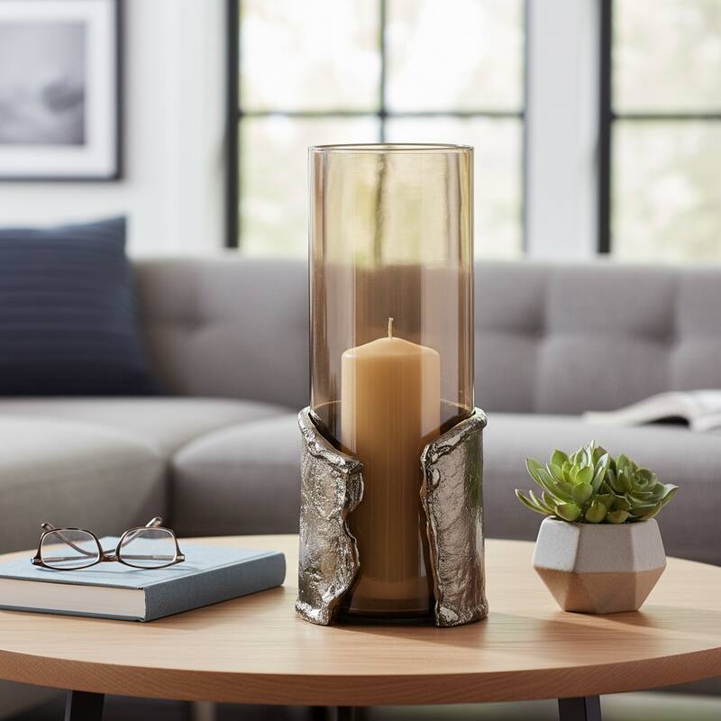 Candle Holder - Brown Glass with Metal Wraparound - 15.0"