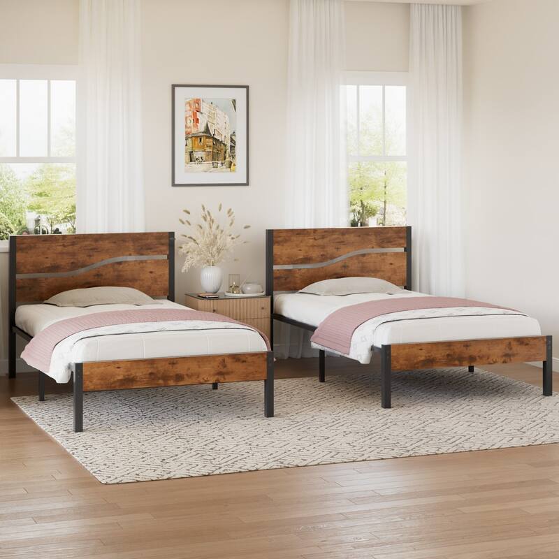 VECELO 2 Pack Twin Size Kids Bed Industrial Platform Bed Frame with MDF Curved Cutout Headboard Twin Size Bed Set of 2