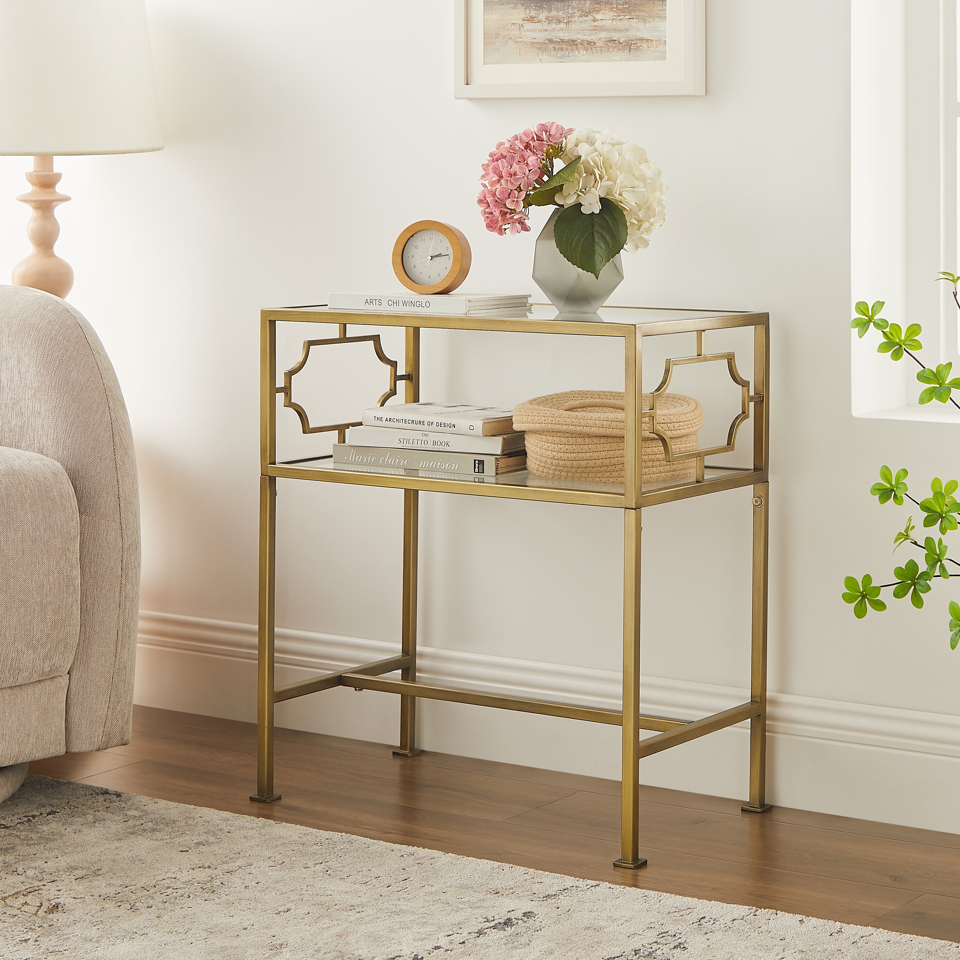 Grifton Rectangular Antique Gold Metal and Glass Accent Table