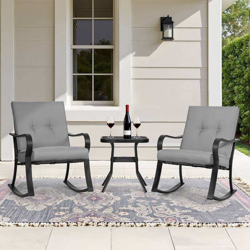 3-piece Outdoor Rocking Chair Chat Set with Side Table - Grey