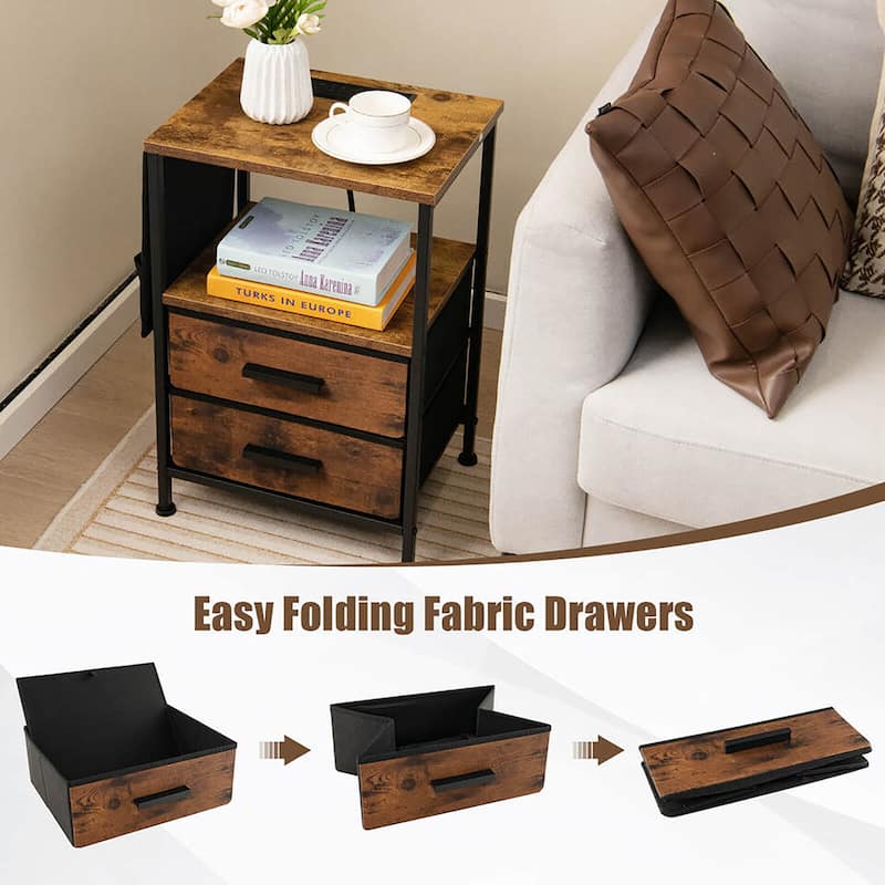 Gymax 2PCS Nightstand with Charging Station Industrial Bedside Table
