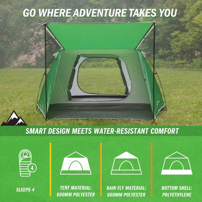 4 Person Camping Tent - Water-Resistant Outdoor Shelter with Attached Porch Canopy and Carrying Bag by Wakeman Outdoors (Green)