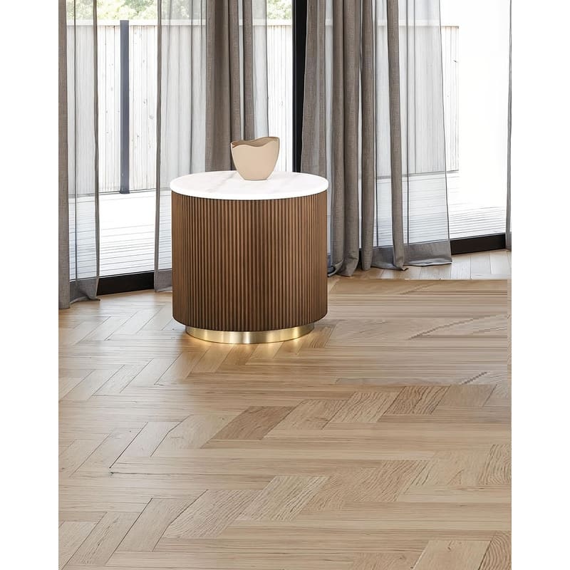 Modern Genuine Marble Top Coffee Table with Accent Gold Stainless Steel Base - White+Brown(1PC) - 19.5" Round