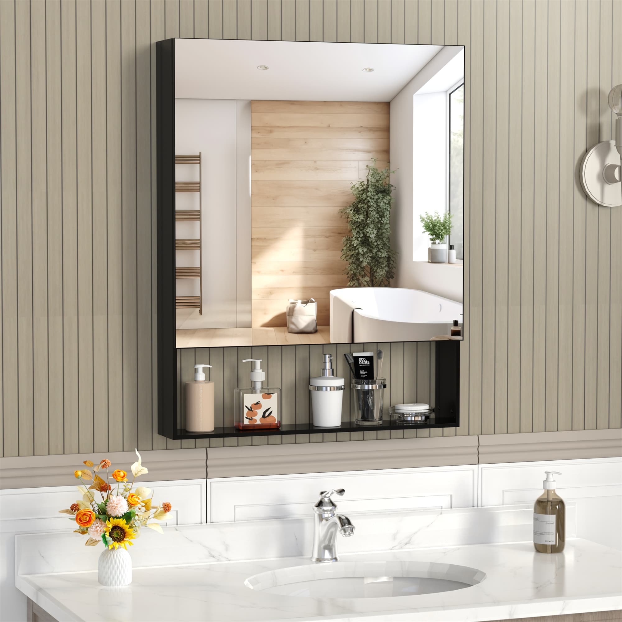 Wall Mounted Bathroom Mirror with Storage, Adjustable Shelves