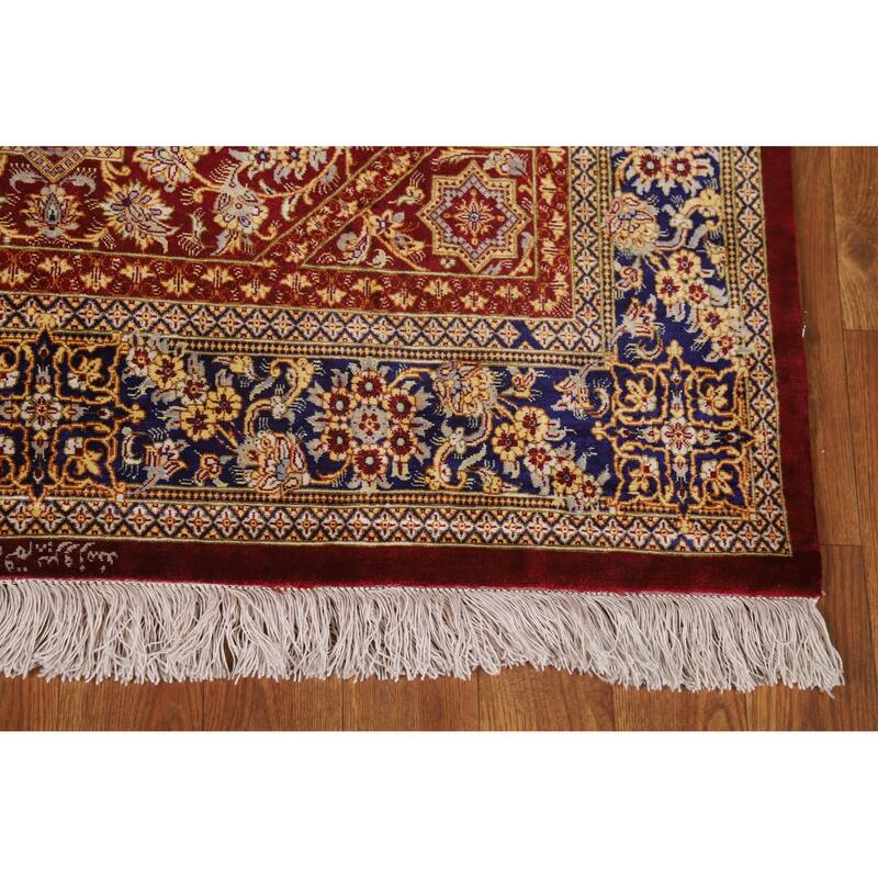 Hand Knotted Oriental Silk Carpet Traditional Floral Red Qum Area Rug - 4' 10'' X 3' 3''