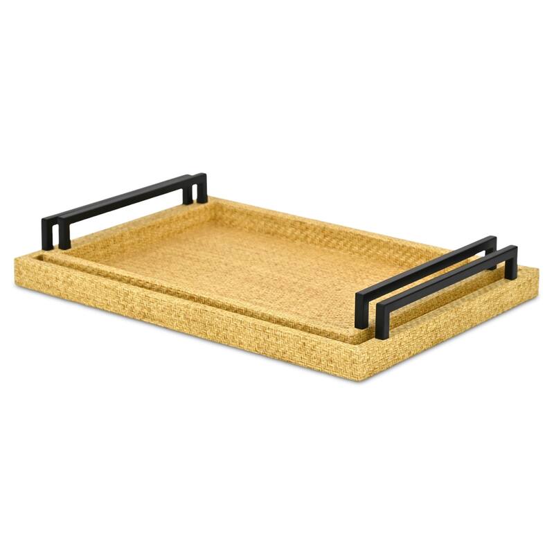 Ferelith Set of 2 Rectangular Decorative Serving Trays - Light Brown Wicker Rattan Pattern for Display, and Organization