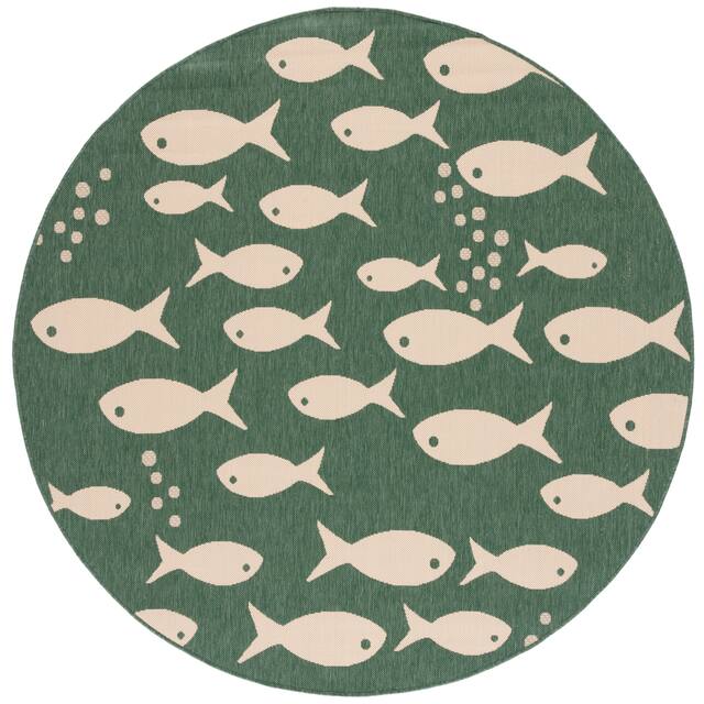 SAFAVIEH Courtyard Illa Indoor/ Outdoor Waterproof Patio Backyard Rug - 6'7" x 6'7" Round - Dark Green/Ivory