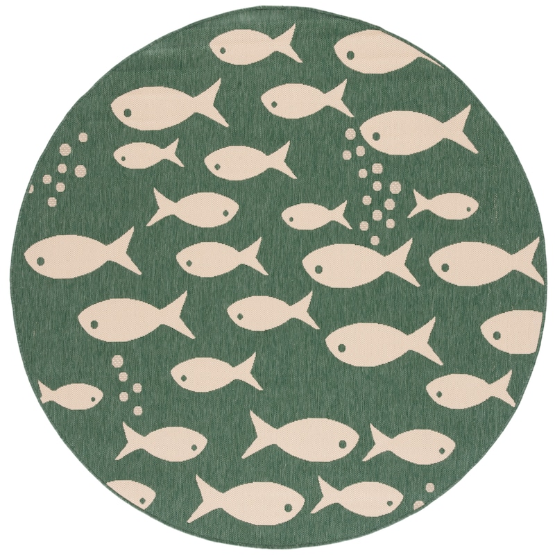 SAFAVIEH Courtyard Illa Indoor/ Outdoor Waterproof Patio Backyard Rug - 6'7" x 6'7" Round - Dark Green/Ivory