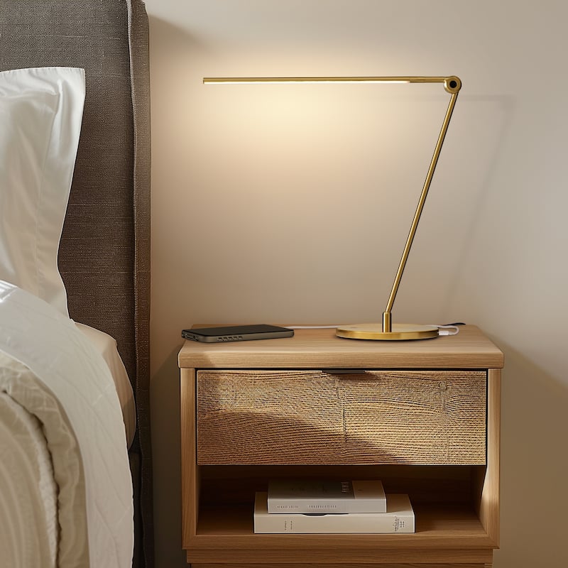 Brightech Libra 39 in. Antique Brass Dimmable LED Industrial Desk Lamp with USB Port and Adjustable Lamp Head
