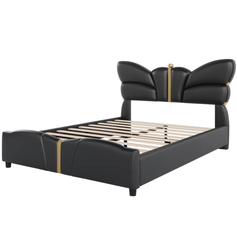 Bedroom Platform Bed Frame with Butterfly-Shaped Headboard, PU Leather Upholstered Bed with Gold Accents
