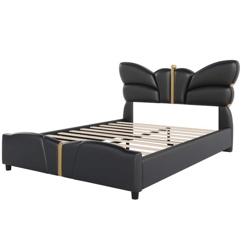 Roomfitters Queen Size Upholstered Platform Bed Frame with Butterfly Headboard, Faux Leather, Gold Accent Trim