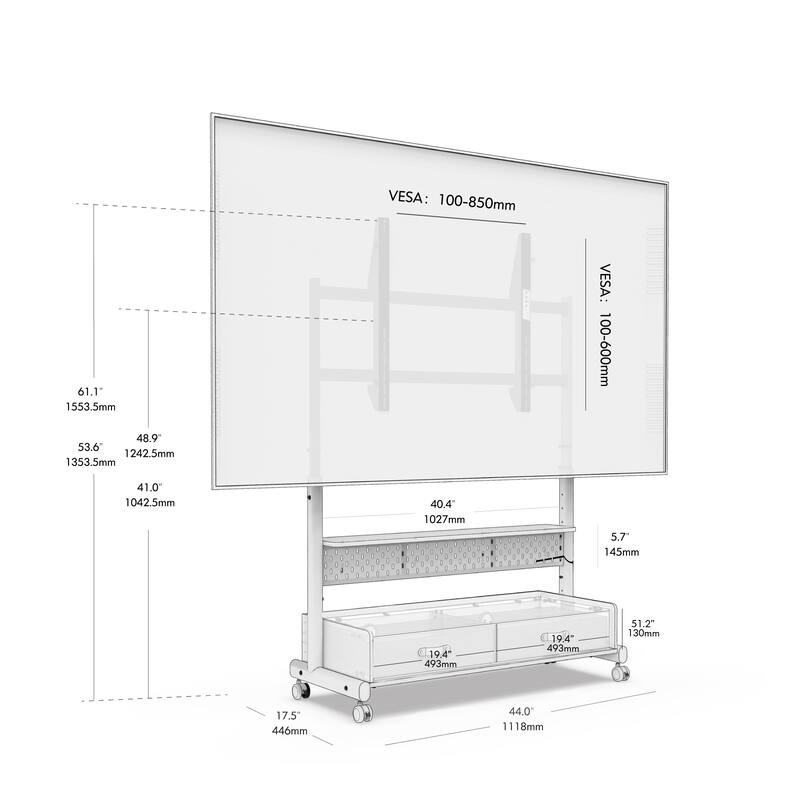 FITUEYES Mobile TV Stand for 70-100 inch Large TVs, Height Adjustable and Multi-functional with Wooden Large Drawer Storage