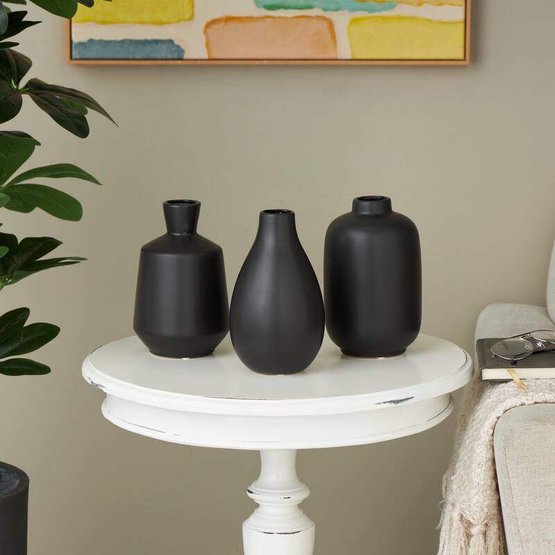 White, Gray, Cream or Black Ceramic Marble Inspired Vase with Varying Shapes (Set of 3) - Black