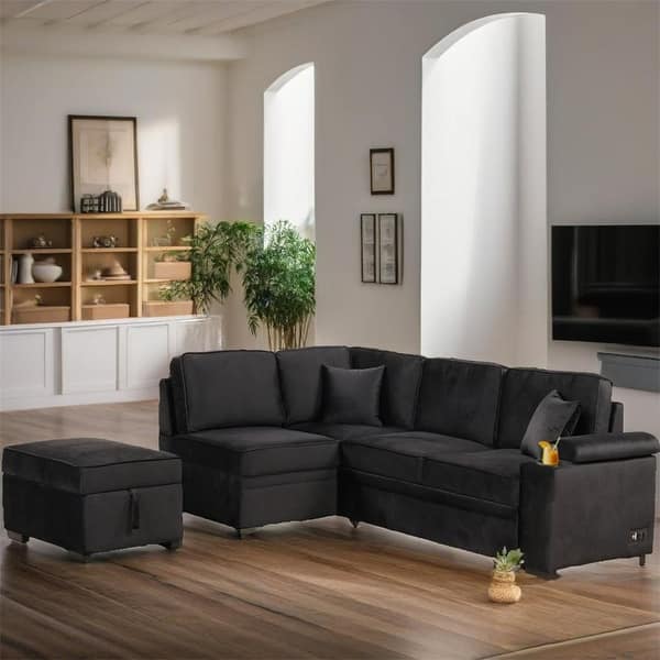 2 in 1 Pull Out Sleeper Sofa Bed L Shape Couch with Storage Ottoman ...