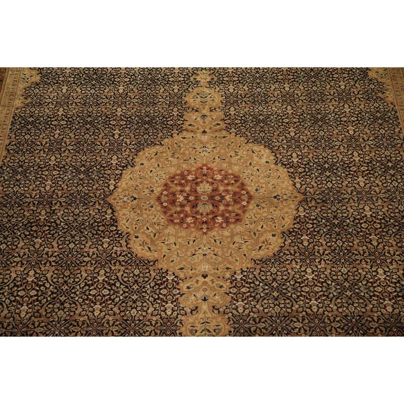 Hand Knotted Oriental 100% Wool Carpet Traditional Floral Black Kashan Area Rug - 18' 0'' X 12' 2''