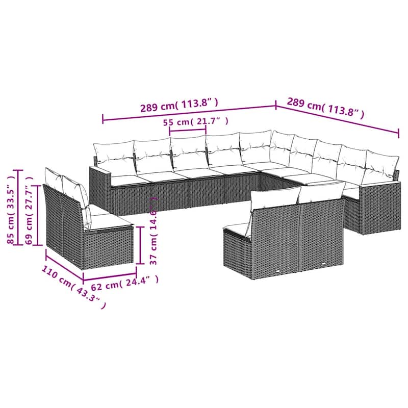 vidaXL Patio Sofa Set with Cushions Outdoor Conversation Furniture Poly Rattan - 24.4 x 24.4 x 27.2 in