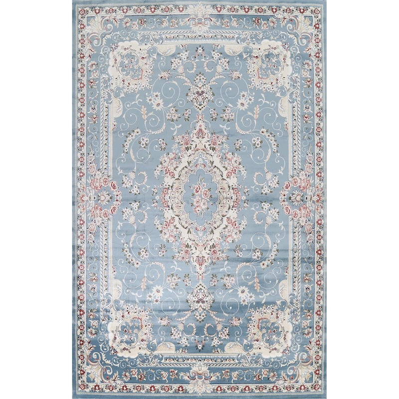 Light Blue Floral Medallion Transitional Turkish Rug Oriental Carpet - 9'10" x 13'1" - Blue
