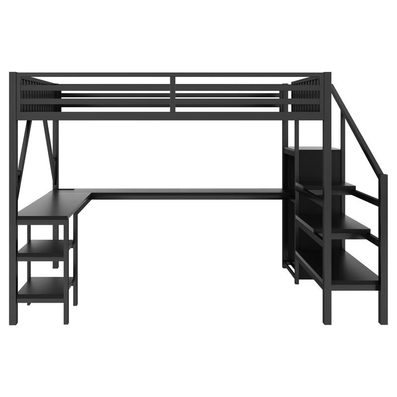 Metal Queen Loft Bed with Wardrobe and LED Light, Queen Size Loft Bed with L Shaped Desk and USB for Kids Teens Adults