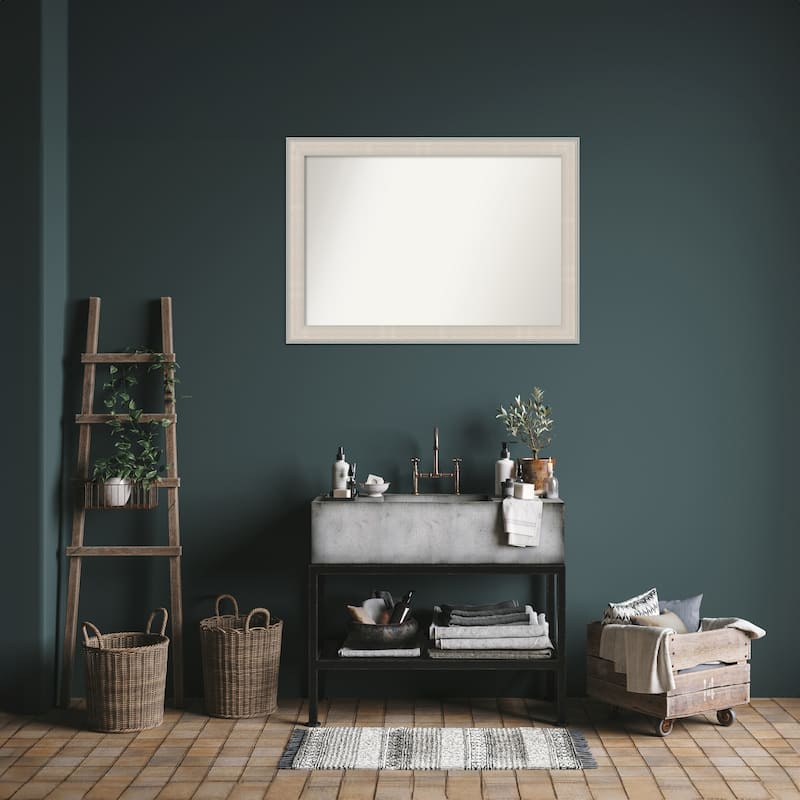 Cottage White Silver Non-Beveled Wood Framed Bathroom Vanity Wall Mirror - Cottage White Silver