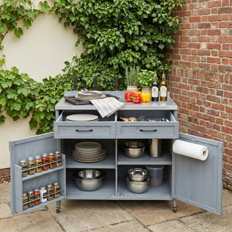39.4" Outdoor Kitchen Island with Stainless Table Top, One Large Drawer, Adjustable Shelves, Internal Storage Racks & 4 Wheels