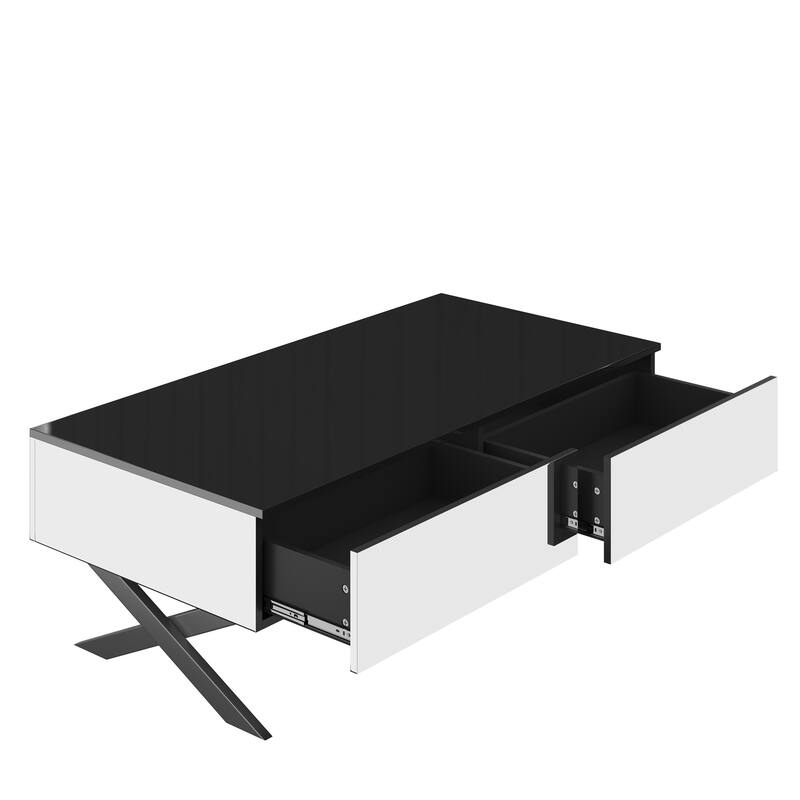 Mirror Coffee Table with Metal Base for Living Room Large Center Table with 2 Drawers, High Gloss Top Table for Reception Room