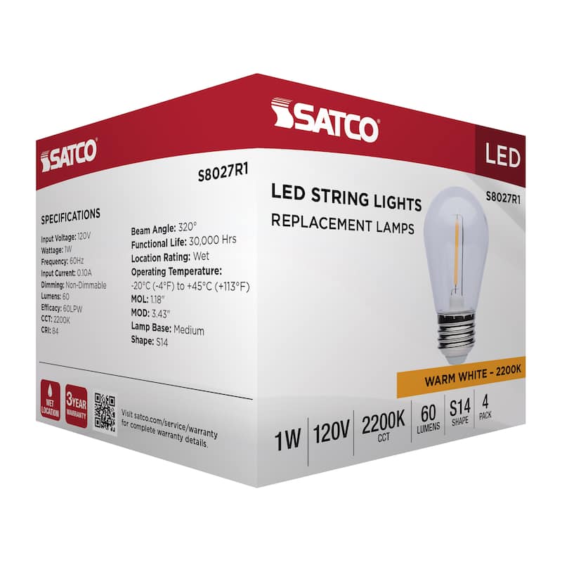 S14 LED String Light Replacement Lamp Medium Base 2200K Clear 4-Pack