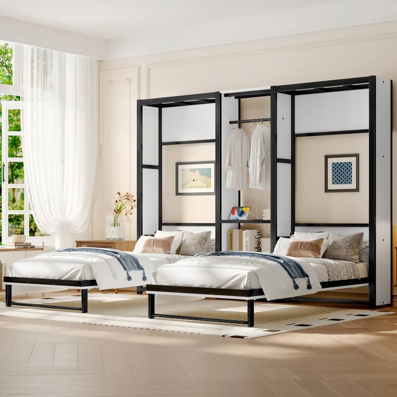 Twin/Twin Size MDF Murphy Bed with Wardrobe and Shelves,Power Outlets
