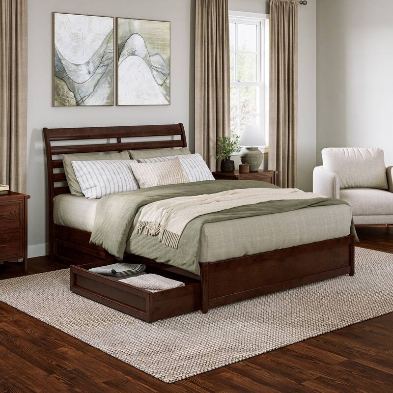 Emelie Platform Bed with Panel Footboard and Storage Drawers - Walnut - Queen