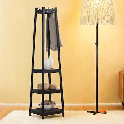 Modern Wood Coat Rack with 3-Tier Storage Shelves