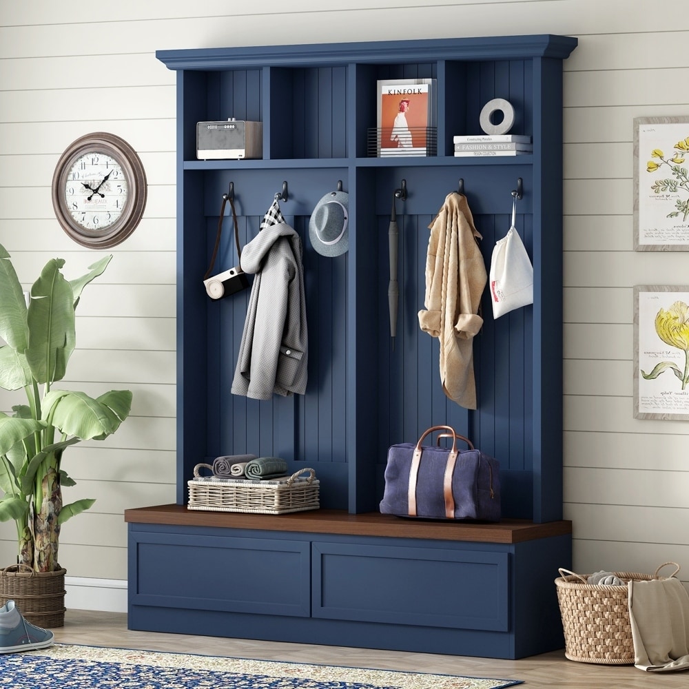 Farmhouse 4-in-1 Hall Tree with Wood Grain Bench and 2 Large Drawer