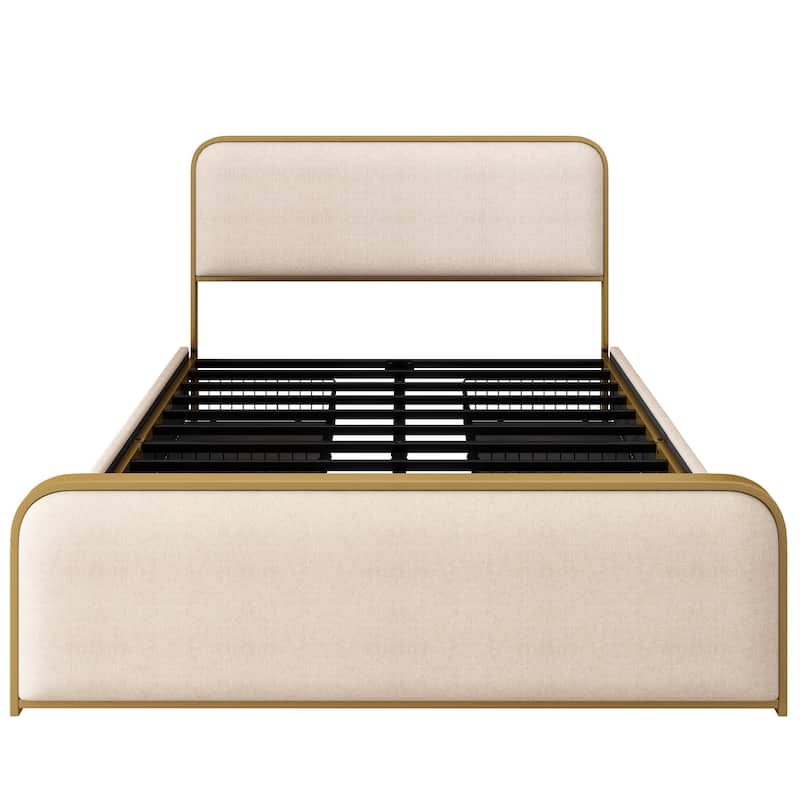 Linen Upholstered Bed Metal Platform Bed Frame with Storage Underneath, Safety Rounded Corners Design Headboard and Footboard