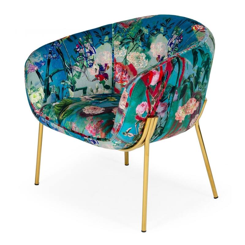 Modrest Falco Contemporary Floral Velvet and Gold Accent Chair