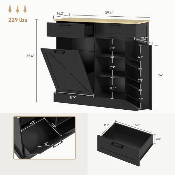 dimension image slide 1 of 3, HOMCOM Tilt Out Trash Can Cabinet, Farmhouse Kitchen Cabinet with Hidden Trash Can and 2 Drawers for Laundry Room, Pantry