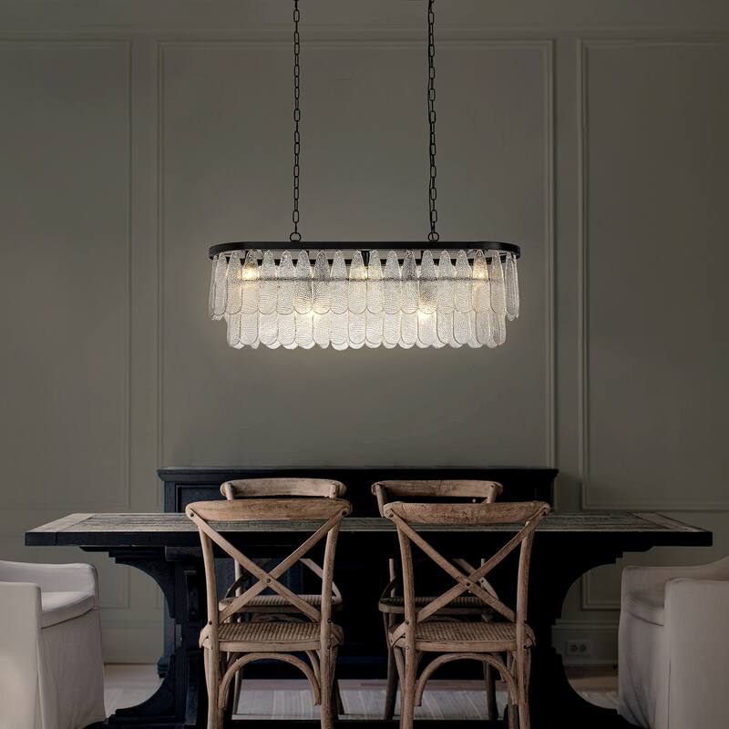 5/6-Light Vintage Textured Glass Chandelier Matte Black Rustic Art Glass Hanging Light - W39‘’