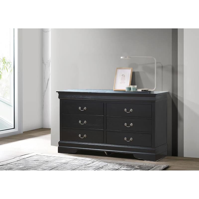 Black 6 Drawer Dresser - Bedroom Storage Chest, 57" Wide, Dovetail Drawers, Elegant Design