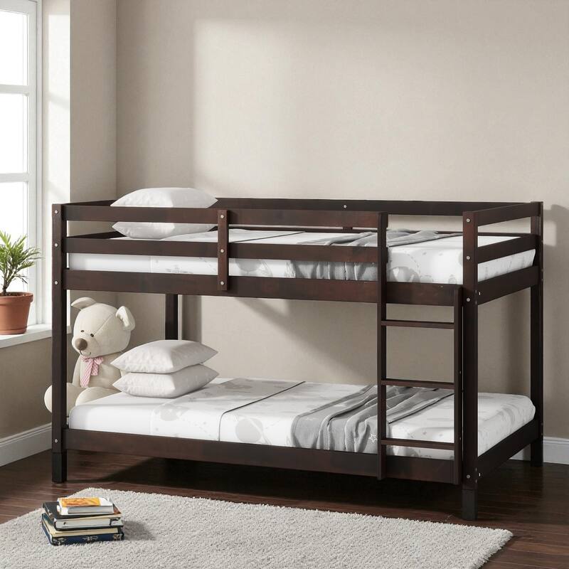 Solid Rubber Wood Twin Over Twin Floor Bunk Bed with Ladder, Low Height Design and Strengthened Slat Support