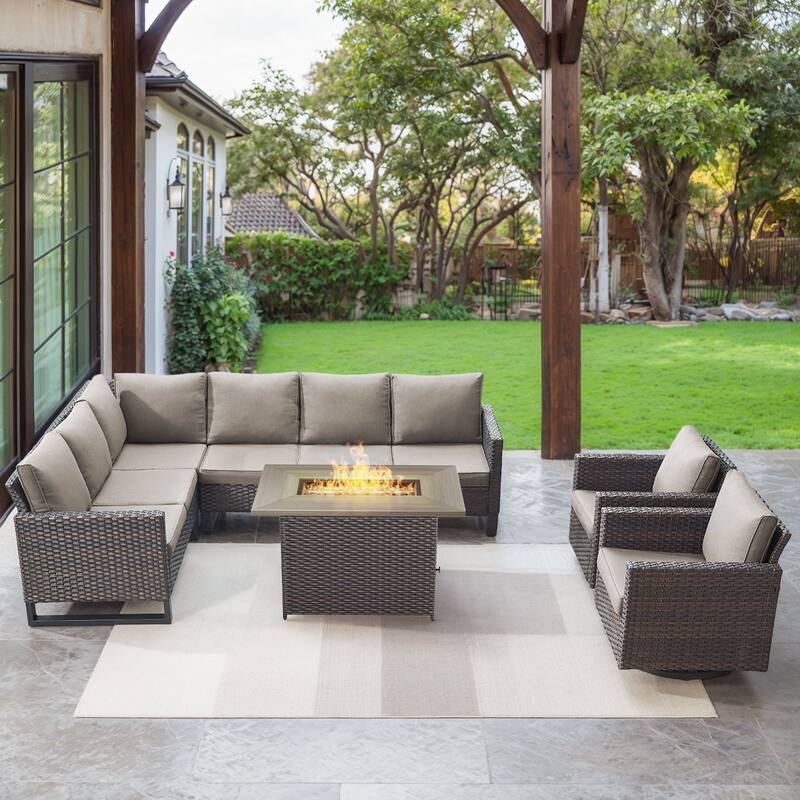 Gymojoy L-Shaped Outdoor Corner Sectional Sofa 6-seats Couch Conversation Set - 4 PCS - Fire Pit & Swivel Chairs - Brown Wicker / Grey Cusion