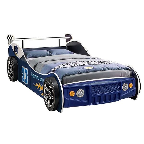 slide 2 of 19, Twin Kids Racing Car Floor Bed with LED Night Light, Safety Guardrail, and Sturdy Wood Slat Support Blue