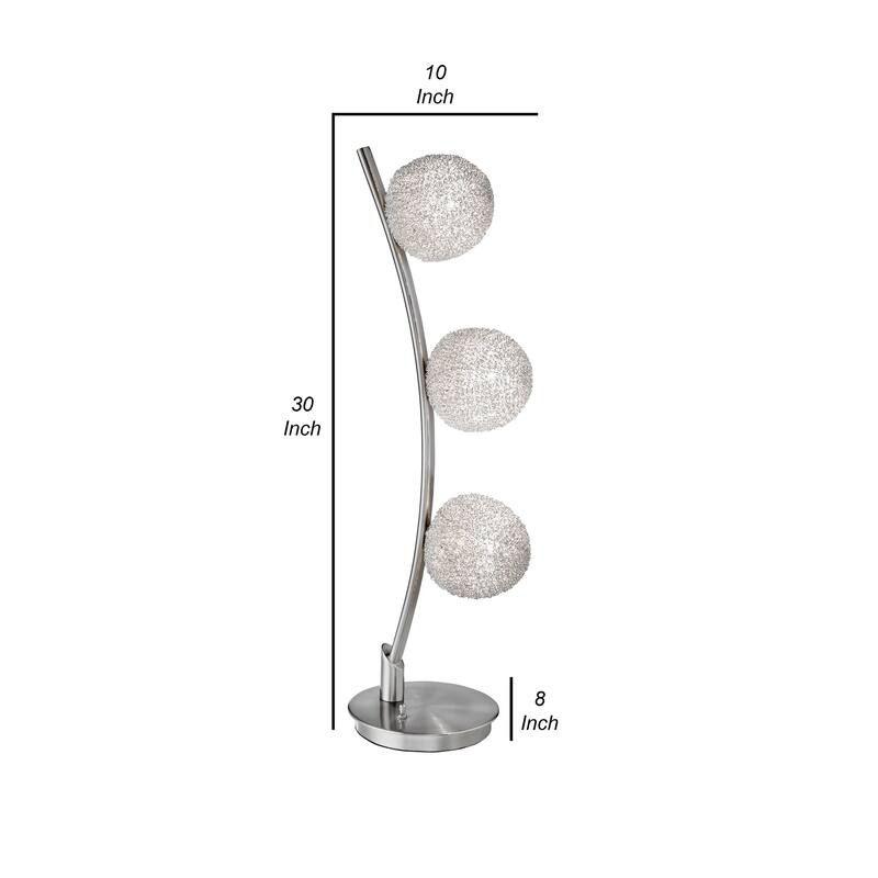 Lila 30 Inch Table Lamp, Curved Stem with 3 Spheres, Satin Nickel Finish