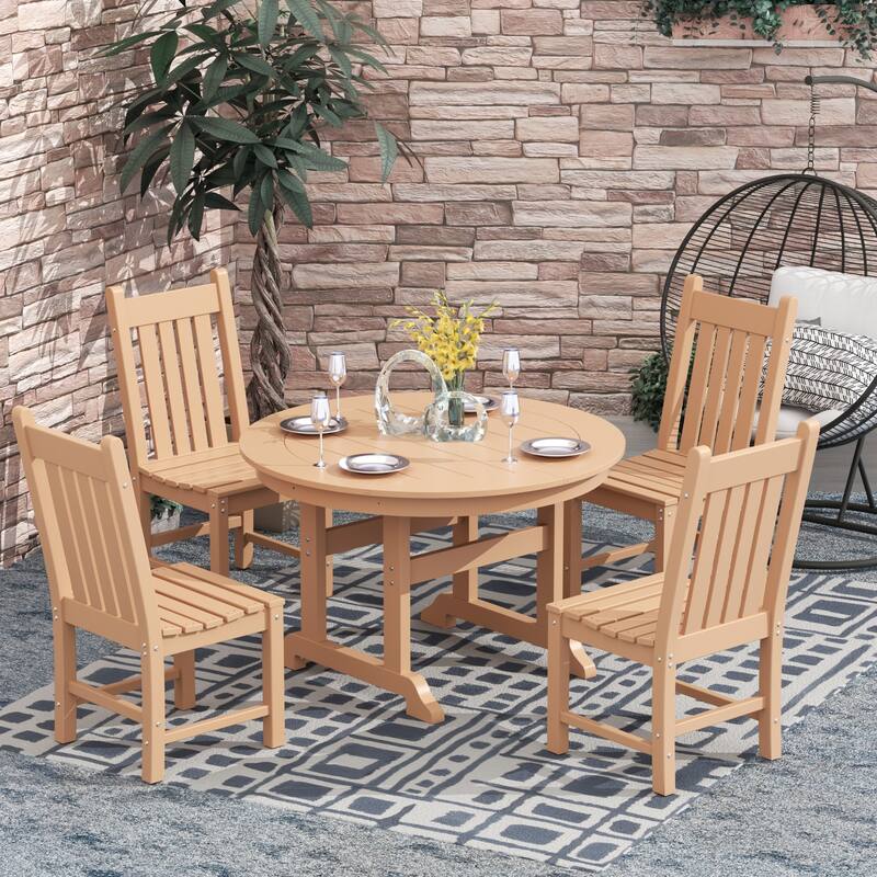 Laguna Hdpe All Weather Outdoor Patio Dining Set with Round Table, Armless Chairs (5-Piece Set) - Teak