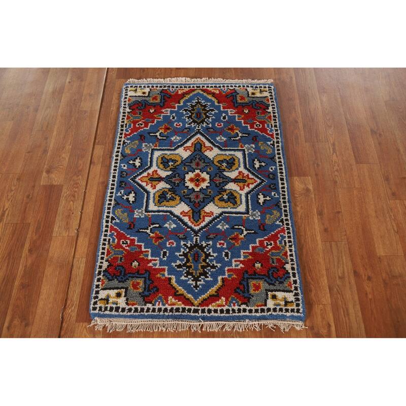 Blue Geometric Kazak Indian Rug Handmade Wool Carpet - 2'0"x 3'0"