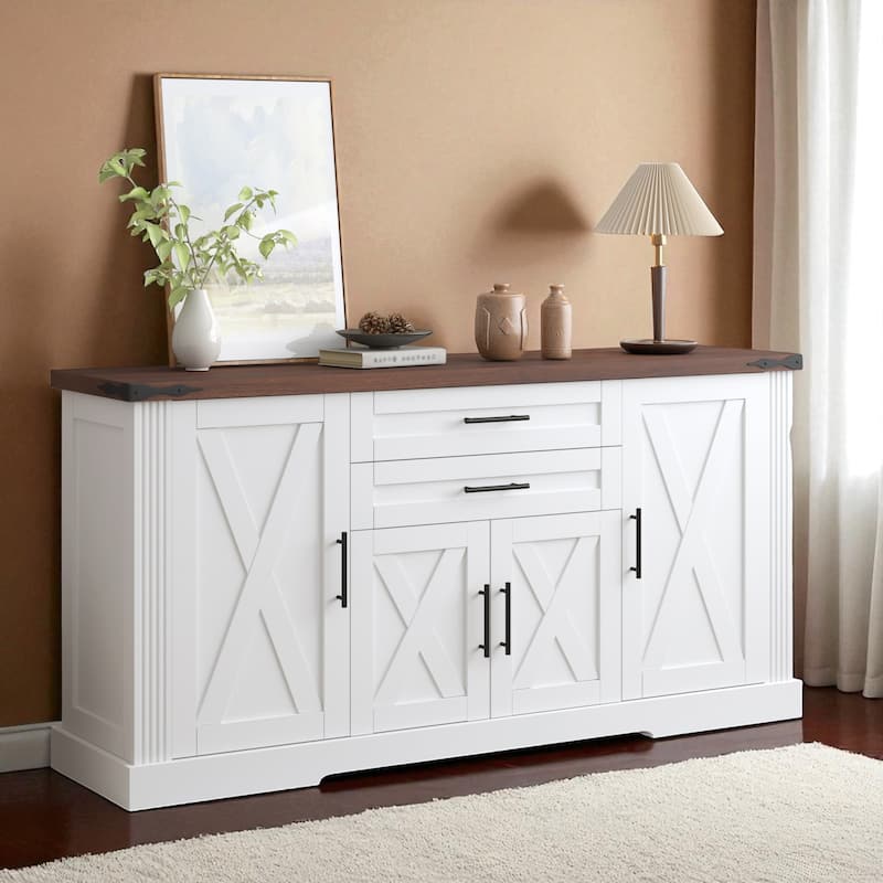 63" Farmhouse Barn Door Sideboard Buffet Cabinet with 2 Drawers & Adjustable Shelves, Large Coffee Bar Storage Console - White