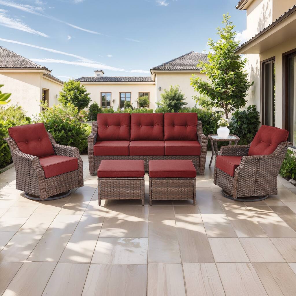 Gymojoy 6-Piece Wicker Patio Furniture Set, 6-Inch Ultra Thick Cushioned 360° Swivel Glider Chairs & Multifunctional Ottomans