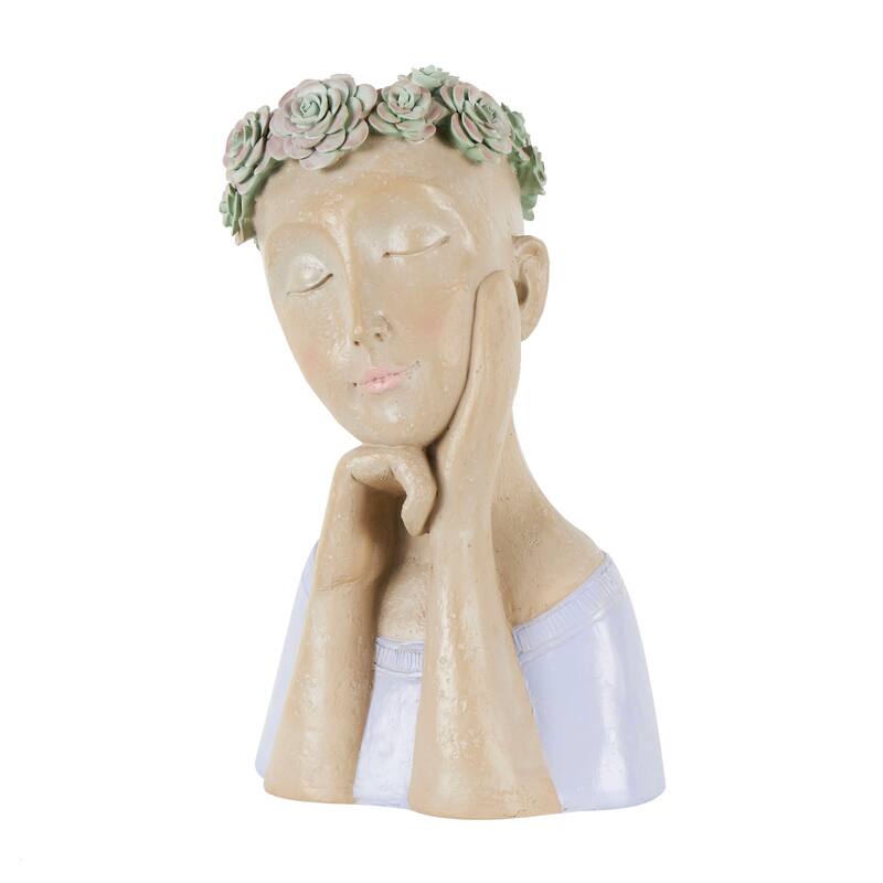Beige Resin Bust Woman Planter with Succulent Crown and Top