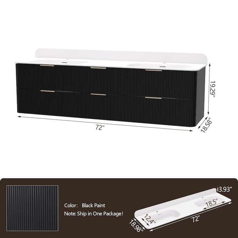 72" Floating Bathroom Vanity with Integrated countertop Rectangular Sink Solid Wood