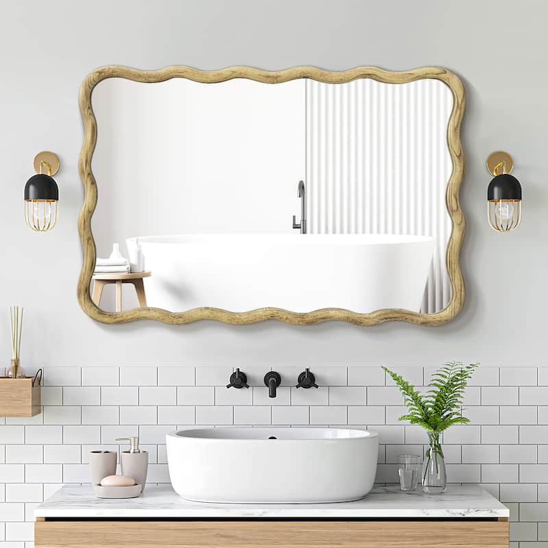 Scalloped Wood Frame Rectangle Wavy Wall Mirror
