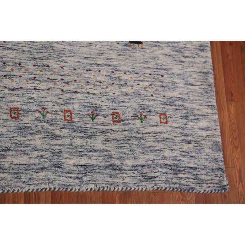 Ivory & Blue Tribal Gabbeh Area Rug Handmade Wool Carpet - 8'3" x 9'8"