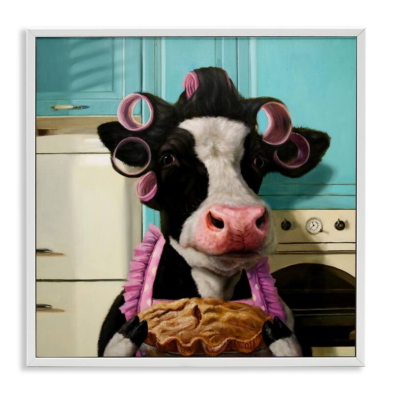 Stupell Glamorous Farm Cow Baking Pie Hair Rollers Framed Wall Art - Blue